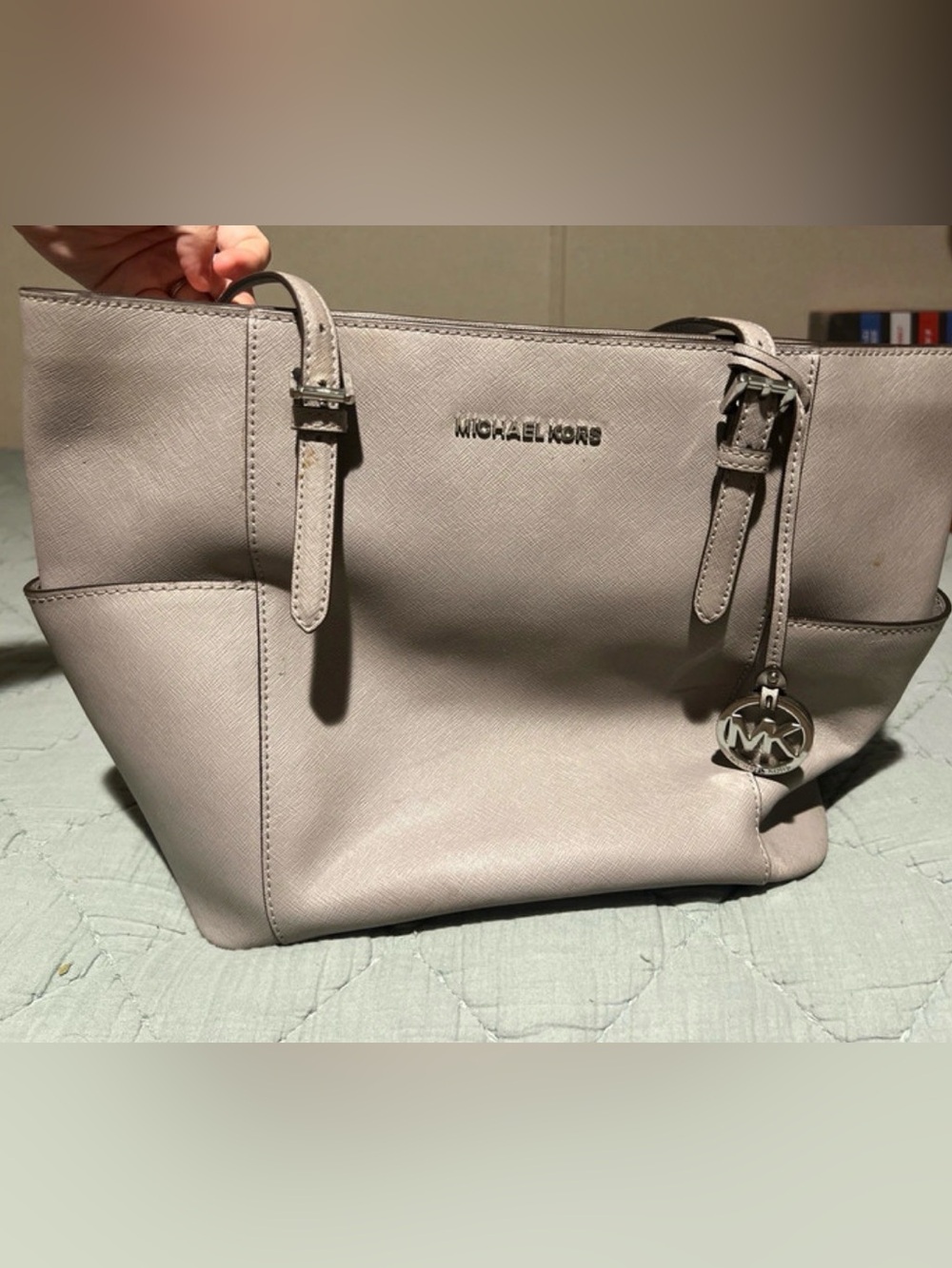 Michael Kors Light Gray Saffiano Shoulder Tote with MK Charm